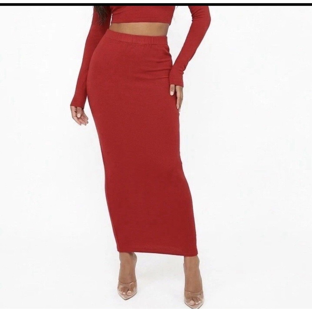 Naked Wardrobe Red High Waisted Bodycon Maxi Skirt Size L Knit Stretch Long